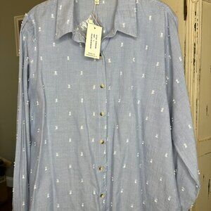 NWT - (L) Sim & Sam Blue Embroidered Button Down, Relaxed Fit Shirt
